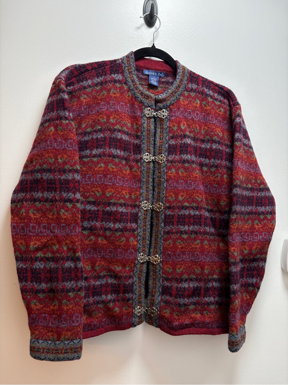 Eagle's Eye Multicolor 100% Wool Crewneck Fisherman Sweater - Red Base Cabincore